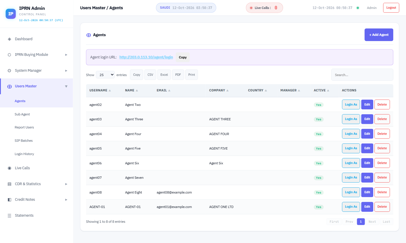 IPRN agents list with username, company, active flag, login-as and agent portal login URL