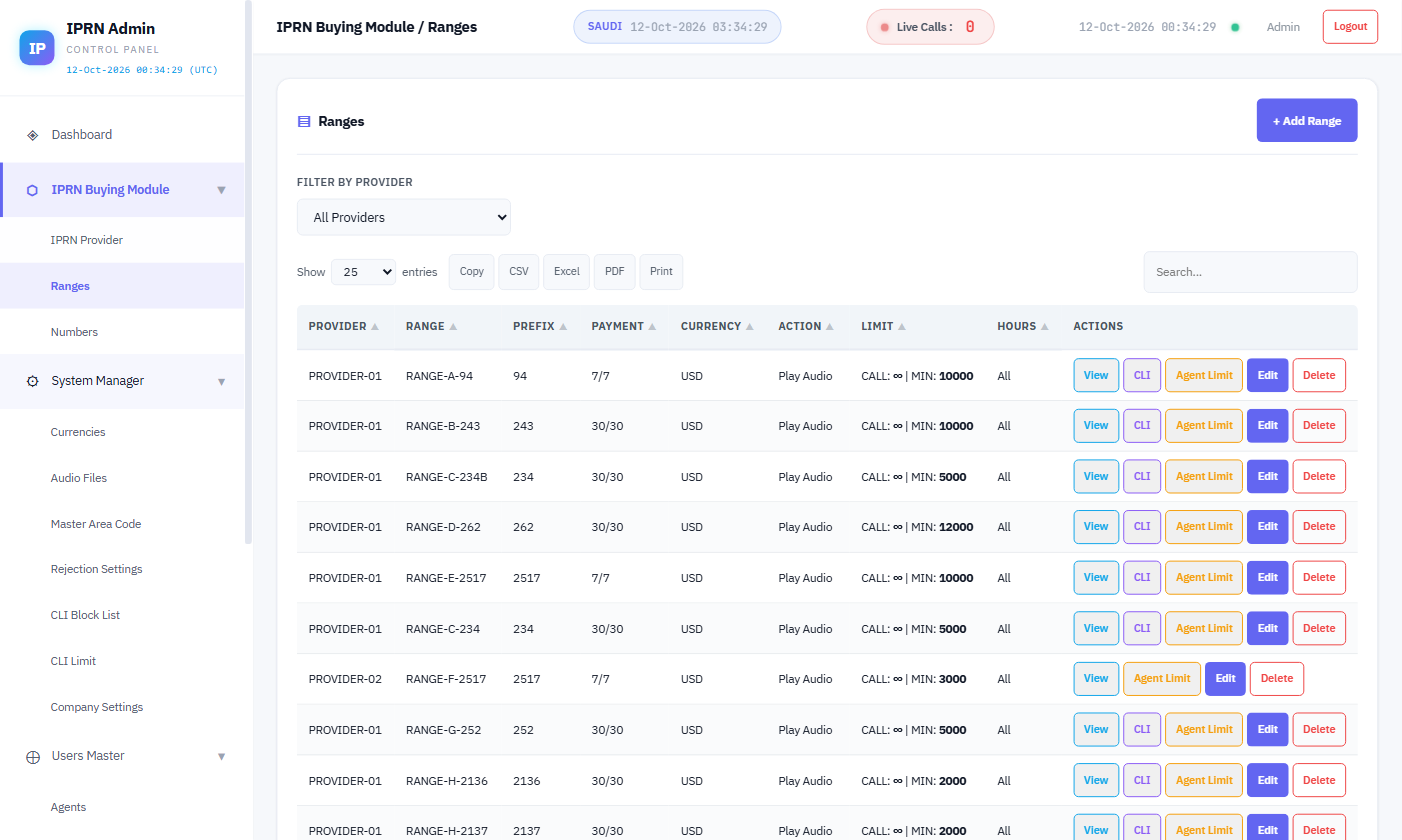 IPRN ranges list with provider, prefix, payment terms, currency, action and limits