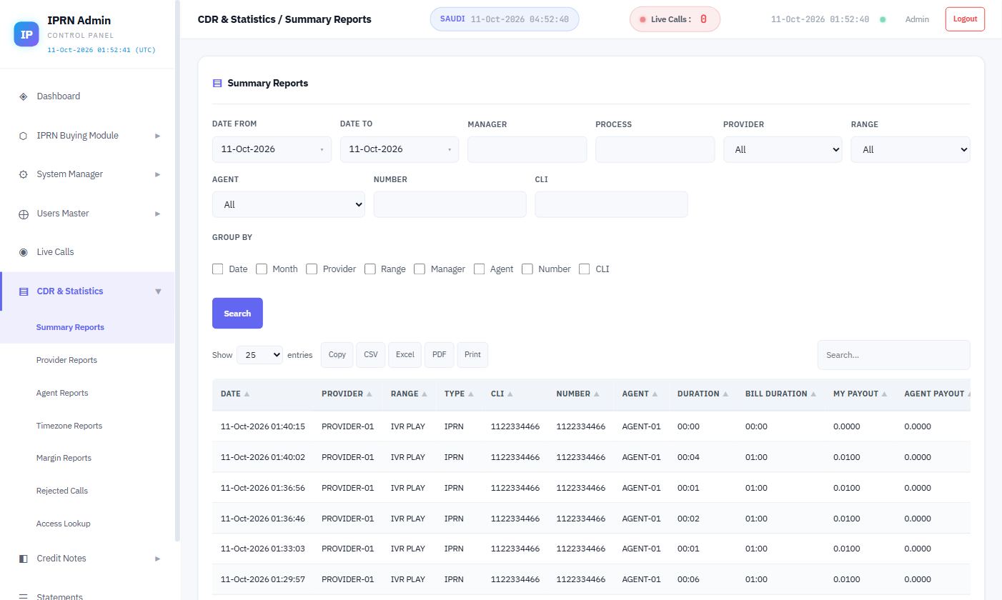 IPRN summary report with CDR filtered by provider, range, agent, number and CLI